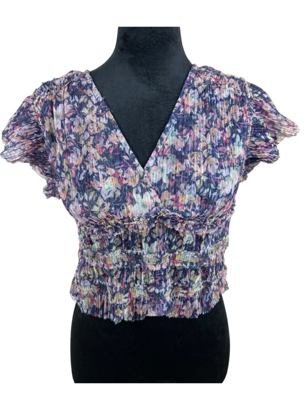 House of Harlow 1960 Crop Top VNeck Sz S Sheer Metallic Crinkle Purple Coachella